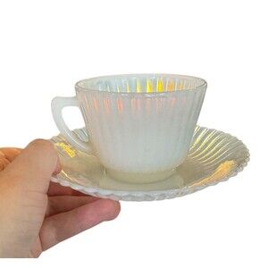MacBeth Evans Petalware Monax Opalescent White Tea‎ Cup Saucer Set Vintage